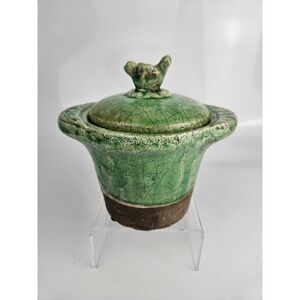 Abigails Green Crackle Glaze Lidded Cachepot Planter Bird Finial Pottery